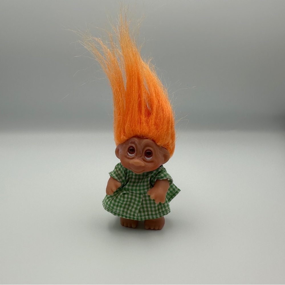 Vintage Dam 1985 3"‎ Troll Doll - Orange Hair with Green Gingham Dress